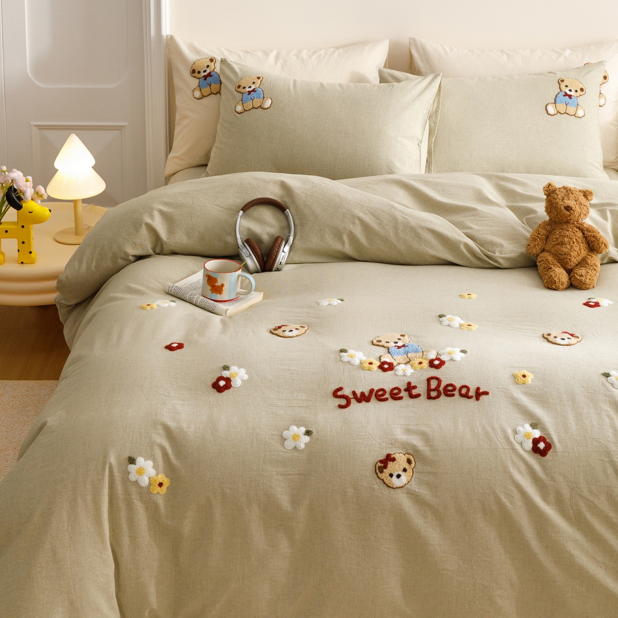 91家纺网 家纺一手货源 找家纺 艾莱家纺 2026春夏新款A类棉麻加厚四件套精艺刺绣精致毛巾绣四件套-冉初 冉初-绿