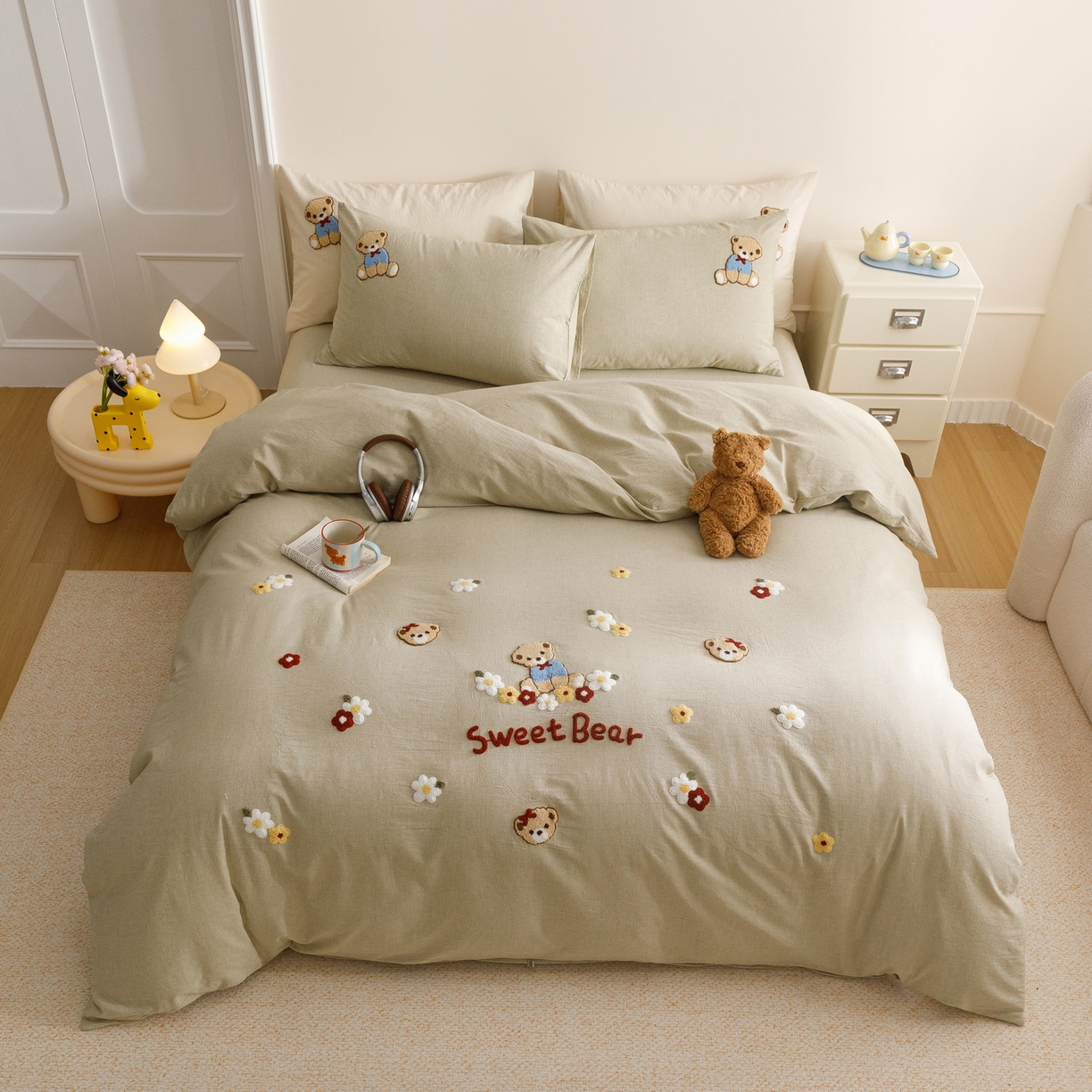 91家纺网 家纺一手货源 找家纺 艾莱家纺 2026春夏新款A类棉麻加厚四件套精艺刺绣精致毛巾绣四件套-冉初 冉初-绿