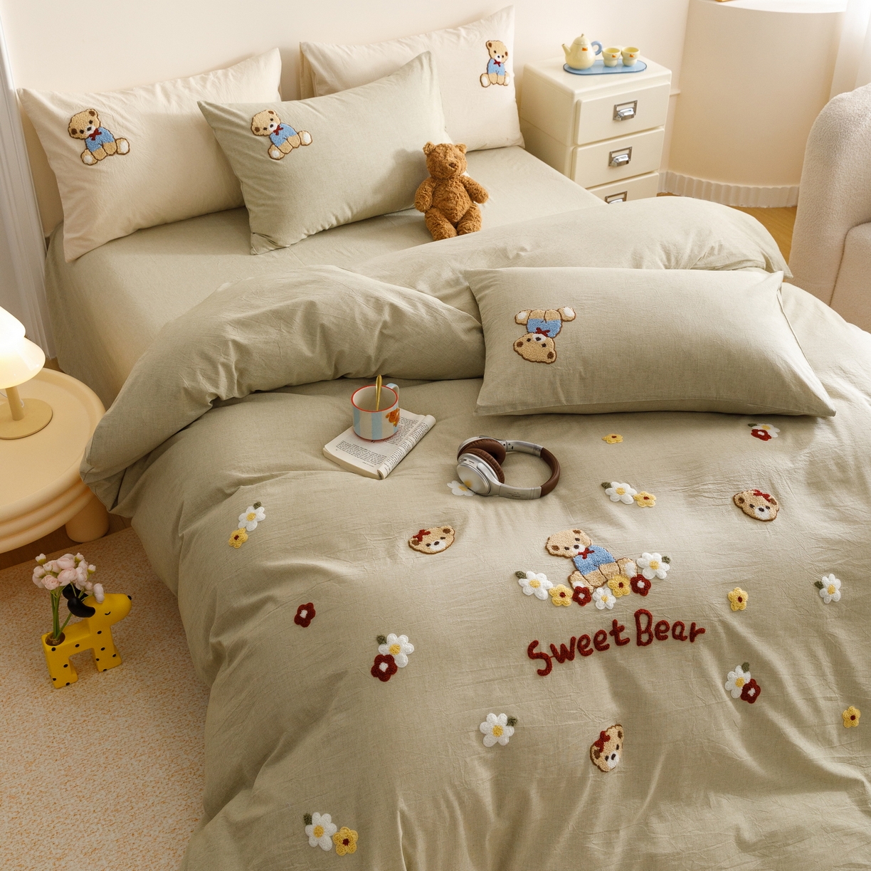 91家纺网 家纺一手货源 找家纺 艾莱家纺 2026春夏新款A类棉麻加厚四件套精艺刺绣精致毛巾绣四件套-冉初 冉初-绿