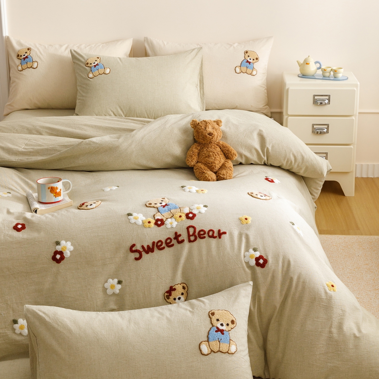 91家纺网 家纺一手货源 找家纺 艾莱家纺 2026春夏新款A类棉麻加厚四件套精艺刺绣精致毛巾绣四件套-冉初 冉初-绿