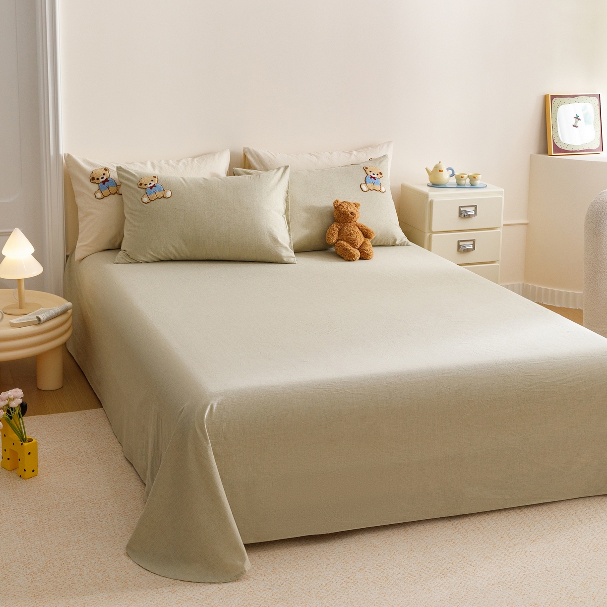 91家纺网 家纺一手货源 找家纺 艾莱家纺 2026春夏新款A类棉麻加厚四件套精艺刺绣精致毛巾绣四件套-冉初 冉初-绿