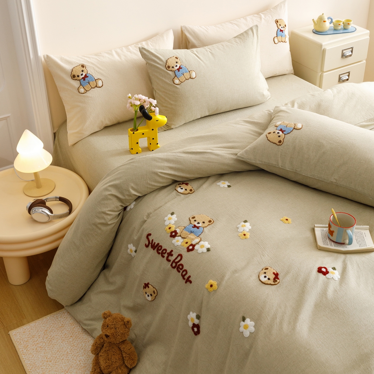 91家纺网 家纺一手货源 找家纺 艾莱家纺 2026春夏新款A类棉麻加厚四件套精艺刺绣精致毛巾绣四件套-冉初 冉初-绿