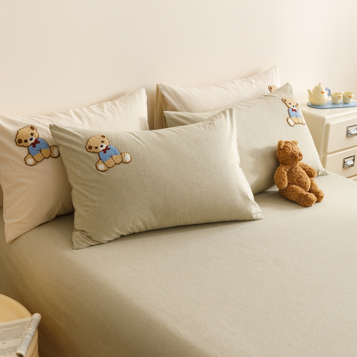 91家纺网 家纺一手货源 找家纺 艾莱家纺 2026春夏新款A类棉麻加厚四件套精艺刺绣精致毛巾绣四件套-冉初 冉初-绿