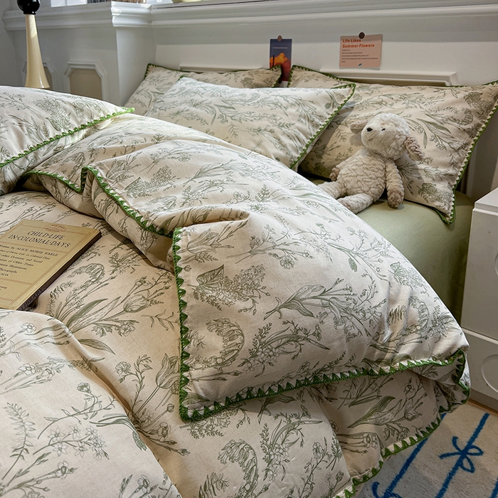 91家纺网 家纺一手货源 找家纺 忆生活家纺 2026新款棉麻小清新三角针贝壳边四件套 清茉