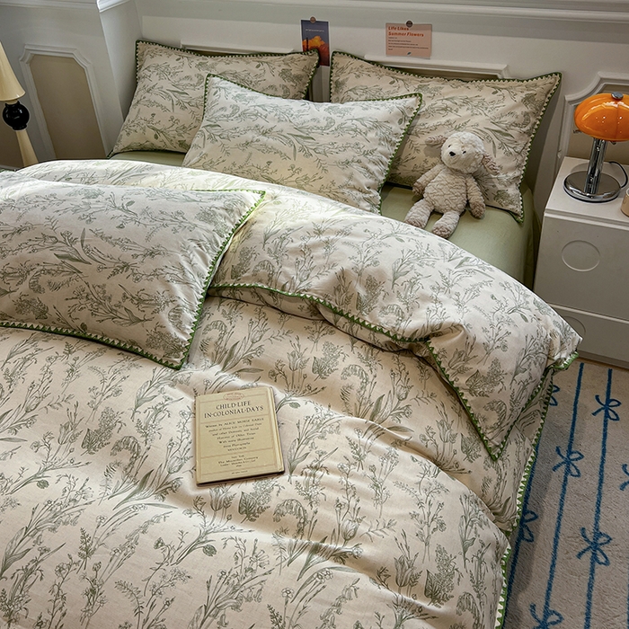 91家纺网 家纺一手货源 找家纺 忆生活家纺 2026新款棉麻小清新三角针贝壳边四件套 清茉