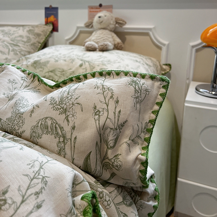 91家纺网 家纺一手货源 找家纺 忆生活家纺 2026新款棉麻小清新三角针贝壳边四件套 清茉