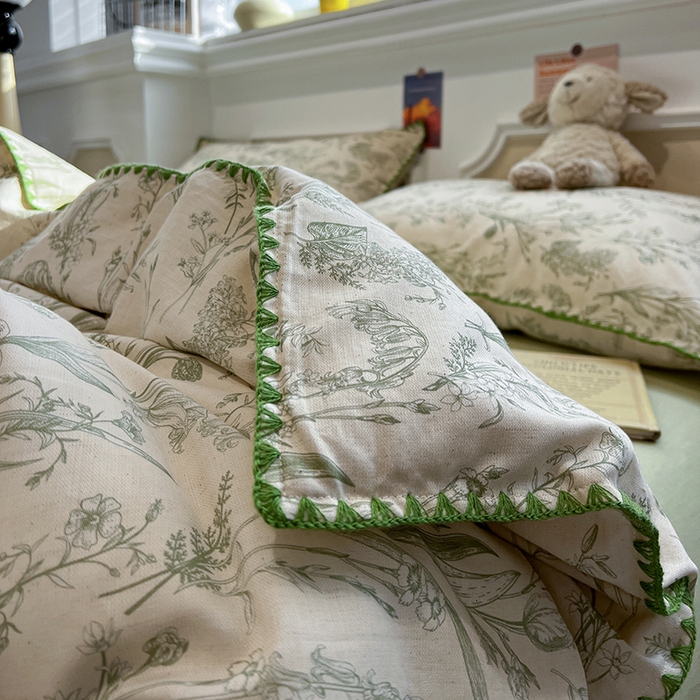 91家纺网 家纺一手货源 找家纺 忆生活家纺 2026新款棉麻小清新三角针贝壳边四件套 清茉