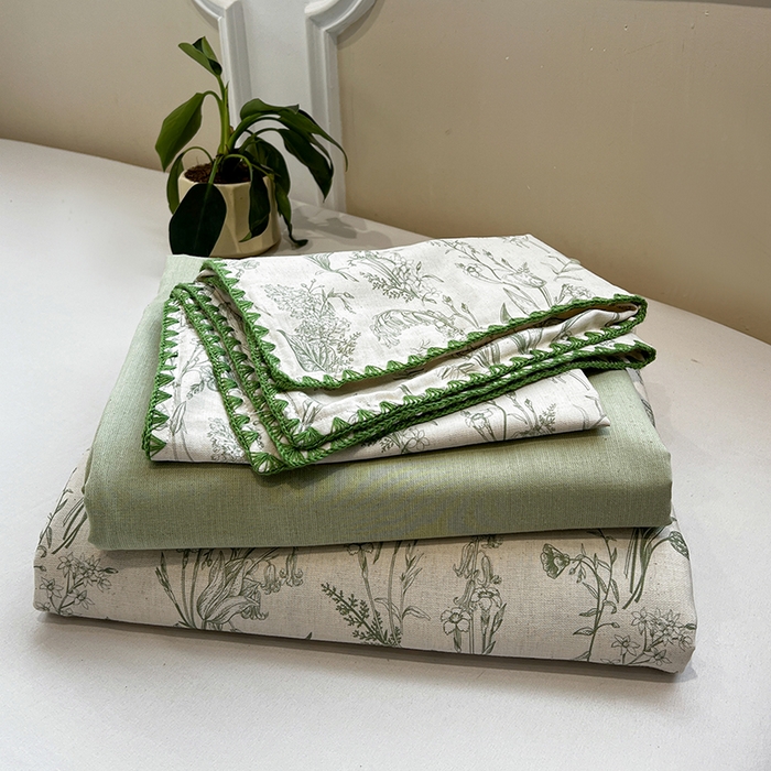 91家纺网 家纺一手货源 找家纺 忆生活家纺 2026新款棉麻小清新三角针贝壳边四件套 清茉