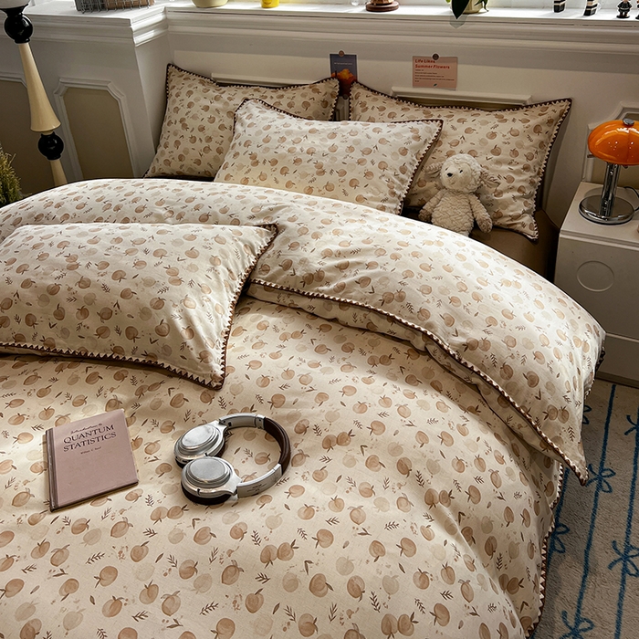 91家纺网 家纺一手货源 找家纺 忆生活家纺 2026新款棉麻小清新三角针贝壳边四件套 桃白