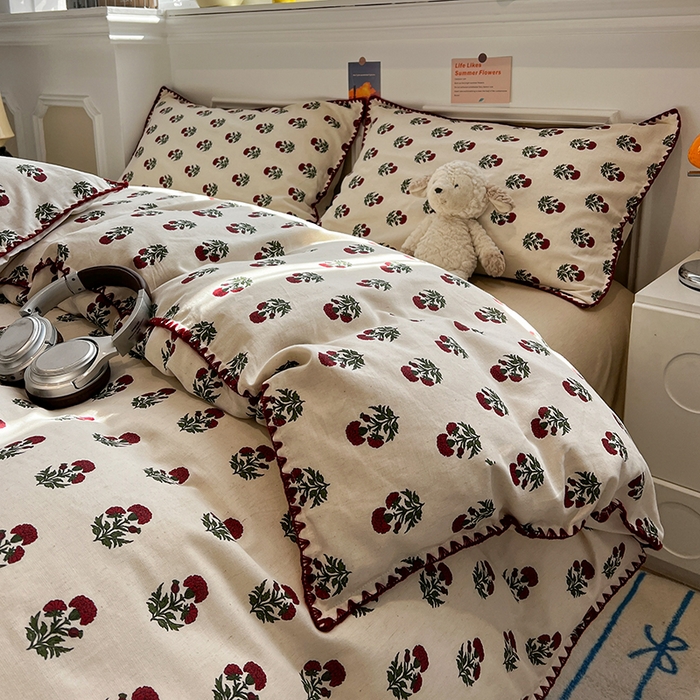 91家纺网 家纺一手货源 找家纺 忆生活家纺 2026新款棉麻小清新三角针贝壳边四件套 微微