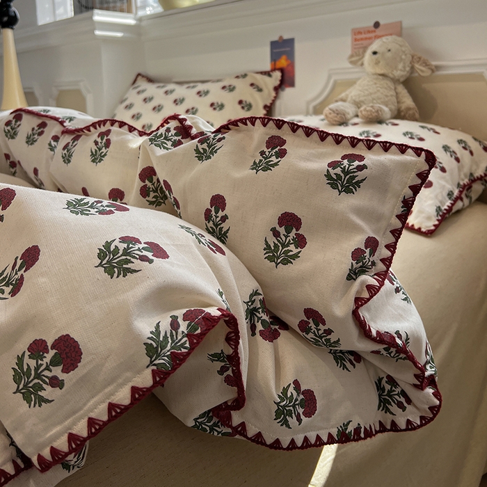 91家纺网 家纺一手货源 找家纺 忆生活家纺 2026新款棉麻小清新三角针贝壳边四件套 微微