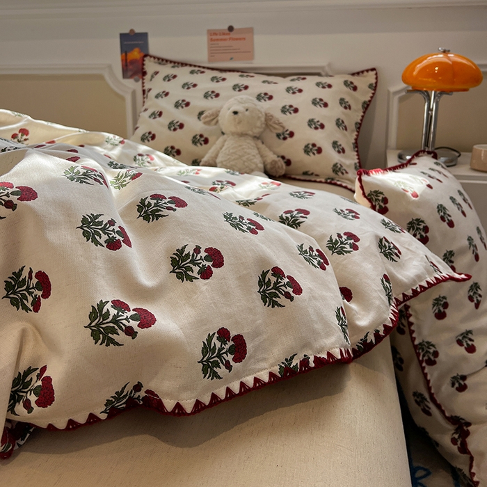 91家纺网 家纺一手货源 找家纺 忆生活家纺 2026新款棉麻小清新三角针贝壳边四件套 微微