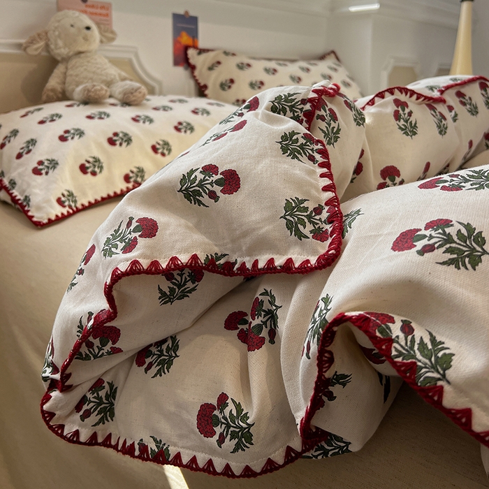 91家纺网 家纺一手货源 找家纺 忆生活家纺 2026新款棉麻小清新三角针贝壳边四件套 微微