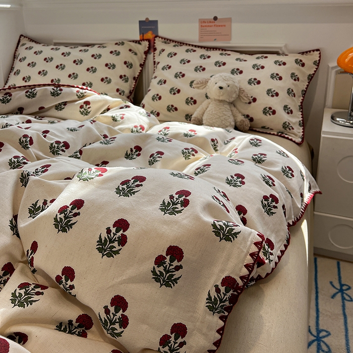 91家纺网 家纺一手货源 找家纺 忆生活家纺 2026新款棉麻小清新三角针贝壳边四件套 微微