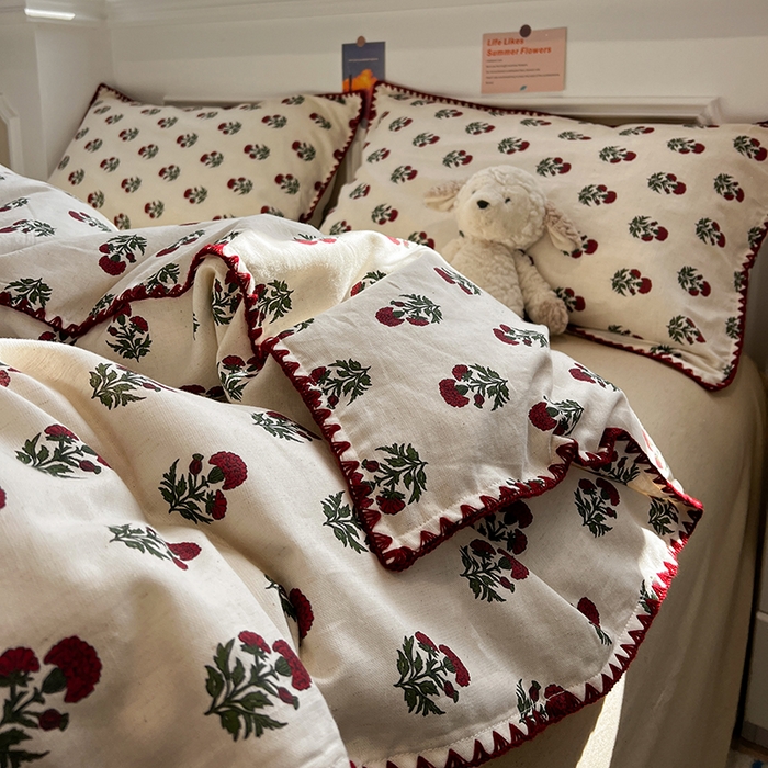 91家纺网 家纺一手货源 找家纺 忆生活家纺 2026新款棉麻小清新三角针贝壳边四件套 微微