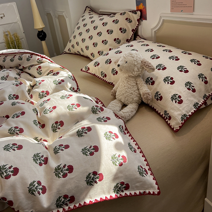 91家纺网 家纺一手货源 找家纺 忆生活家纺 2026新款棉麻小清新三角针贝壳边四件套 微微