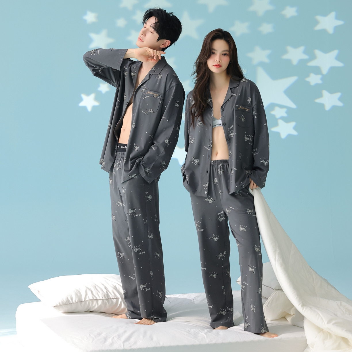 91家纺网 家纺一手货源 找家纺 （总）妍景家居生活馆 2026新款新疆棉情侣款翻领豹子款套装家居服