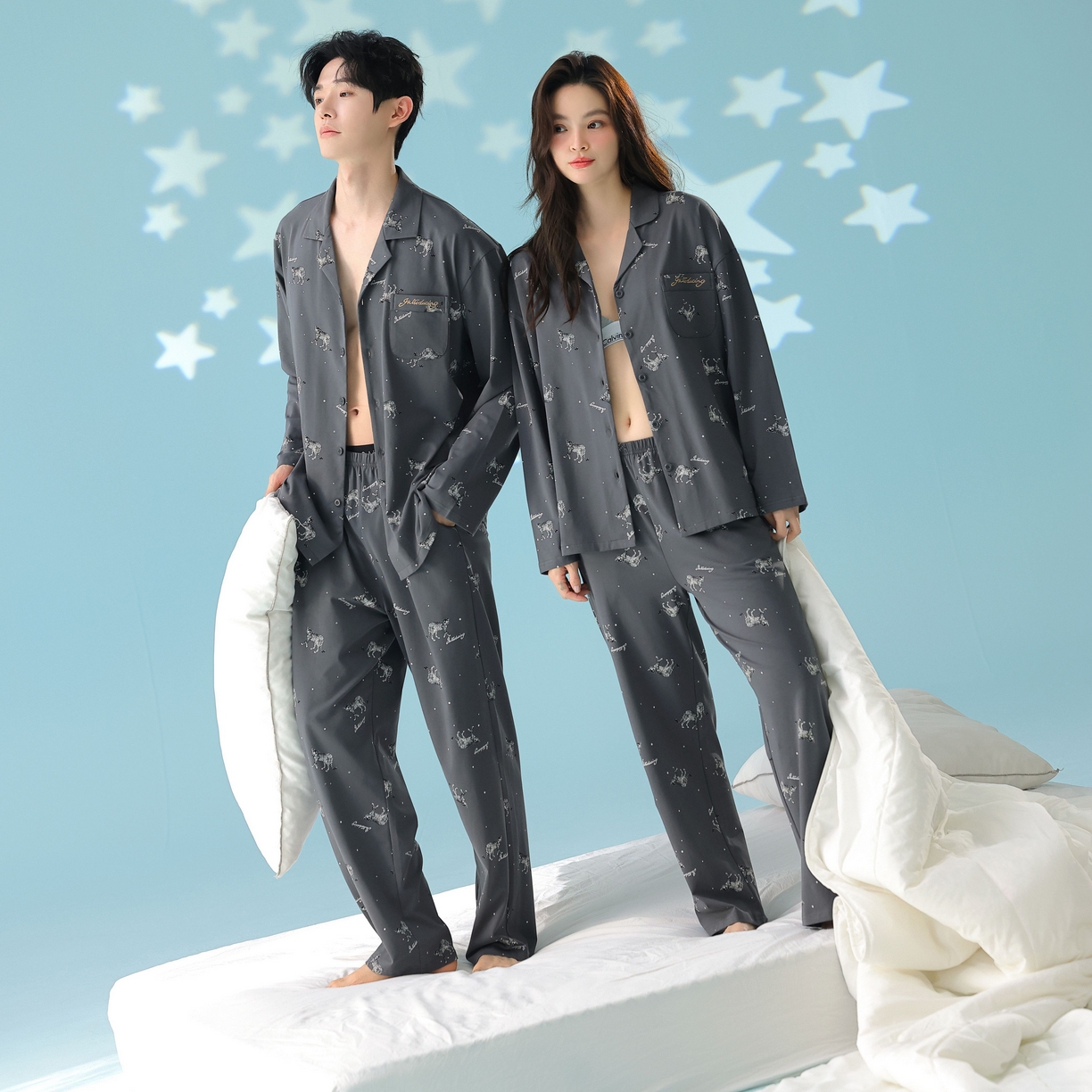 91家纺网 家纺一手货源 找家纺 妍景家居生活馆 2026新款新疆棉情侣款翻领豹子款套装家居服 组合图仅供参考不可下单