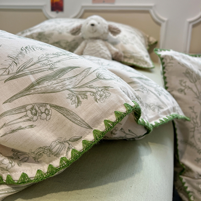 忆生活家纺 2026新款棉麻小清新三角针贝壳边四件套 清茉