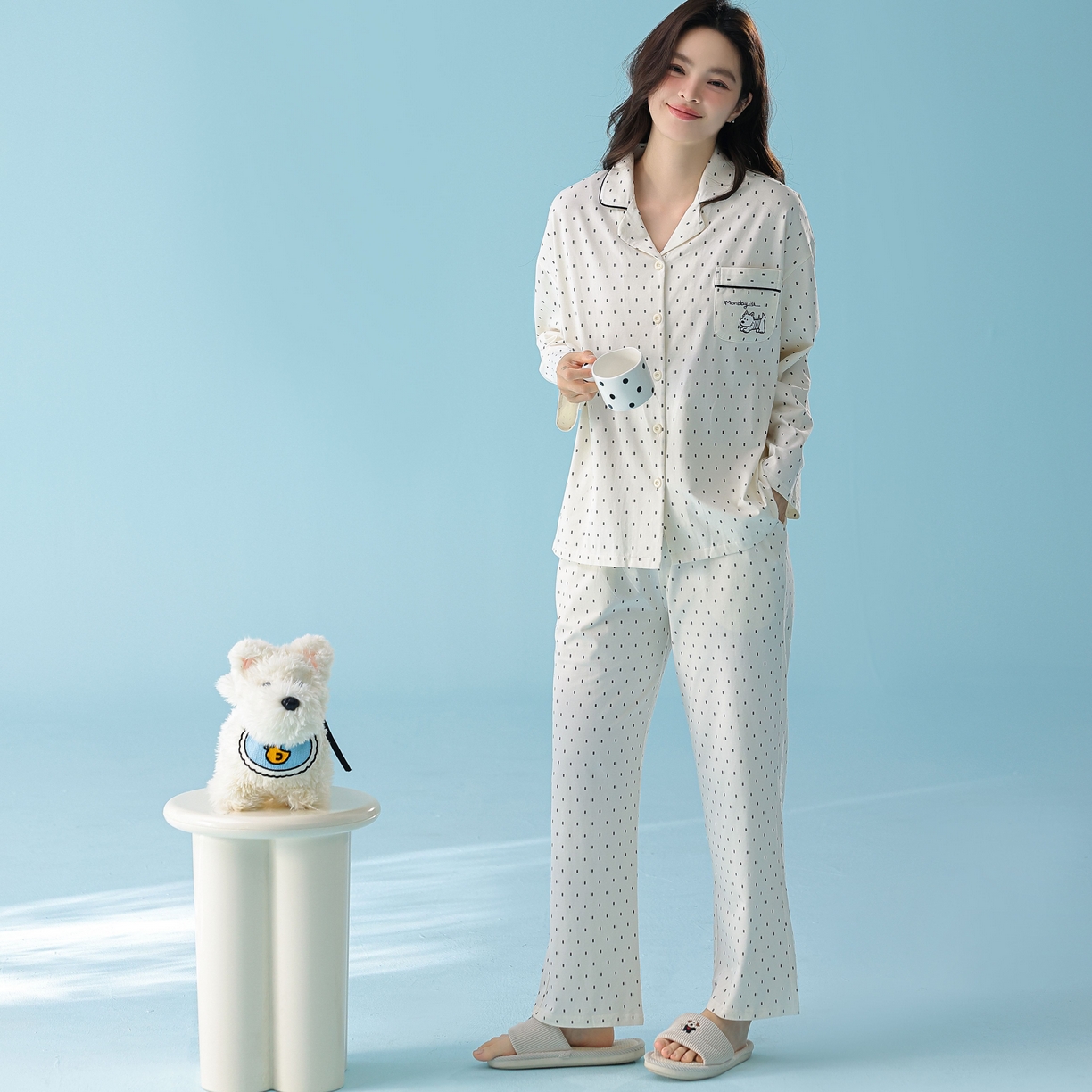 （总）妍景家居生活馆 2026新款新疆棉情侣款翻领黑白波点家居服