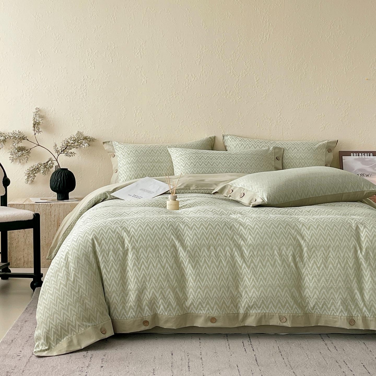 91家纺网 家纺一手货源 找家纺 帅露家纺 2026新款A类全棉纯棉色织大提花纽扣款四件套 波浪-绿