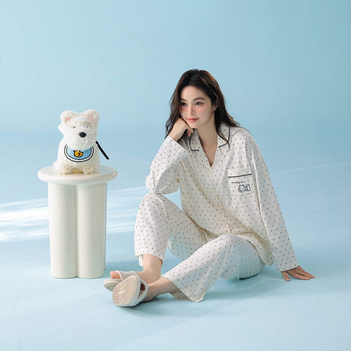 91家纺网 家纺一手货源 找家纺 妍景家居生活馆 2026新款新疆棉情侣款翻领黑白波点家居服 女款