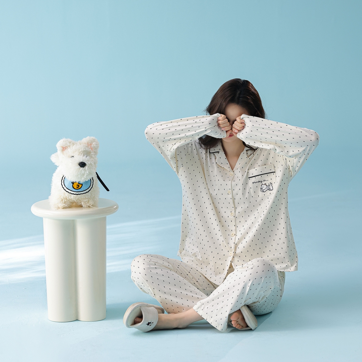 91家纺网 家纺一手货源 找家纺 妍景家居生活馆 2026新款新疆棉情侣款翻领黑白波点家居服 女款