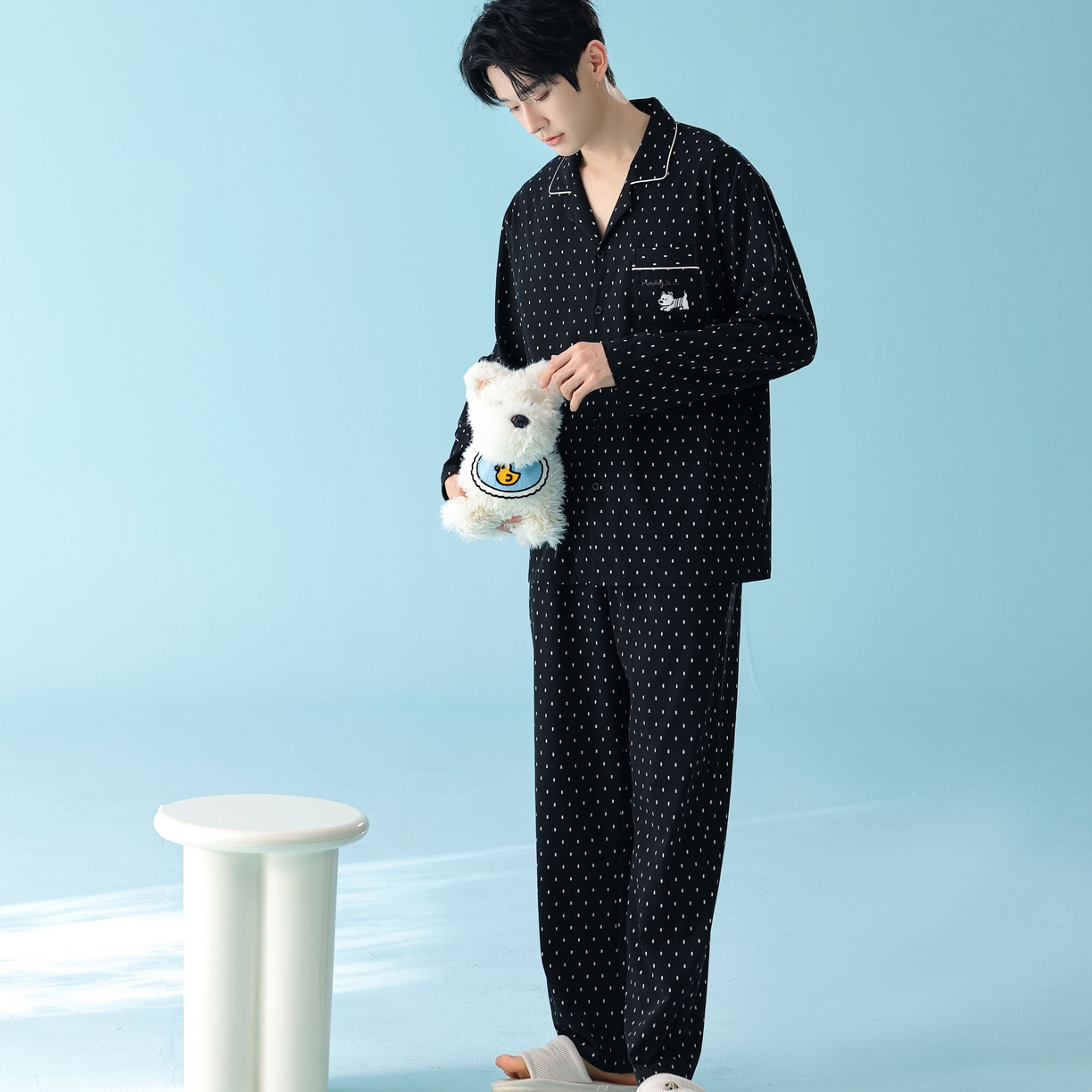 妍景家居生活馆 2026新款新疆棉情侣款翻领黑白波点家居服 男款