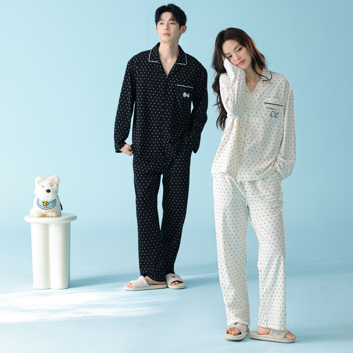 妍景家居生活馆 2026新款新疆棉情侣款翻领黑白波点家居服 组合图仅供参考不可下单