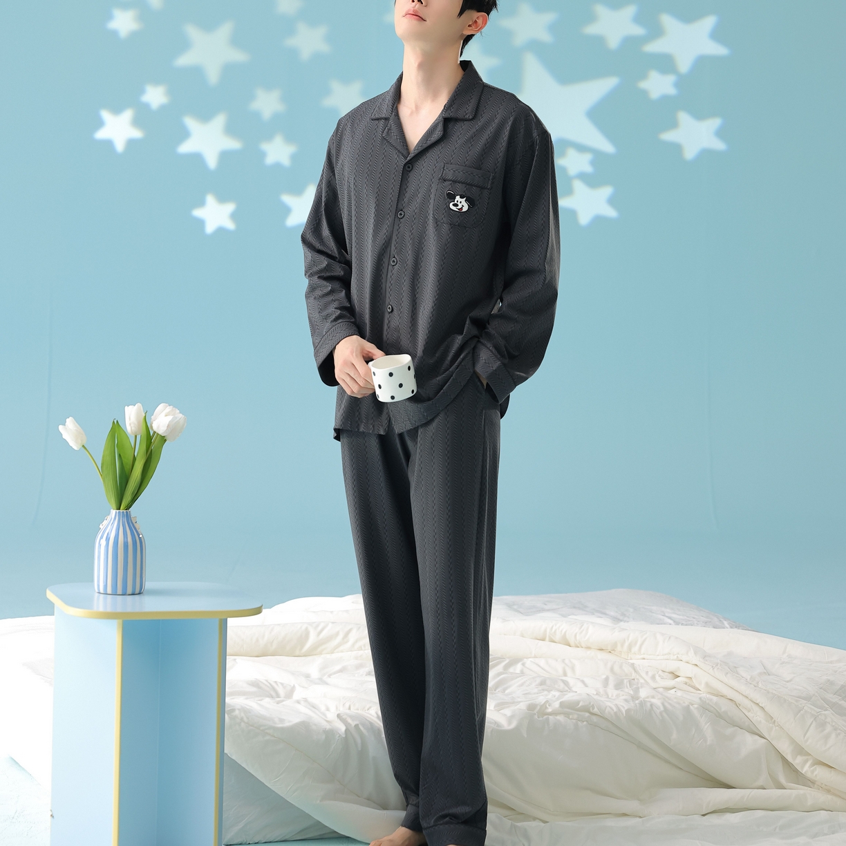 91家纺网 家纺一手货源 找家纺 妍景家居生活馆 2026新款新疆棉情侣款翻领软萌狗狗套装家居服 男款