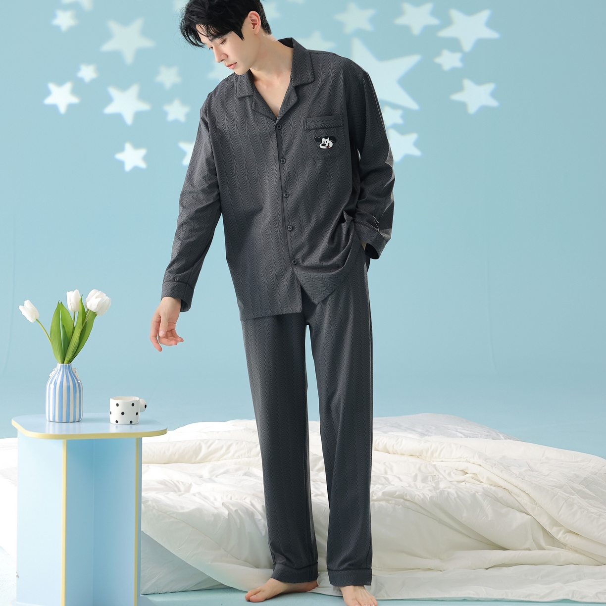 91家纺网 家纺一手货源 找家纺 妍景家居生活馆 2026新款新疆棉情侣款翻领软萌狗狗套装家居服 男款