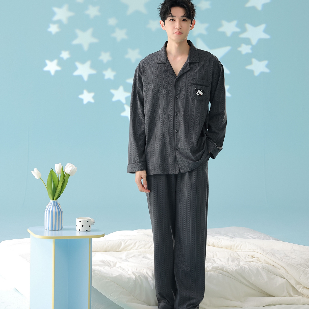 91家纺网 家纺一手货源 找家纺 妍景家居生活馆 2026新款新疆棉情侣款翻领软萌狗狗套装家居服 男款