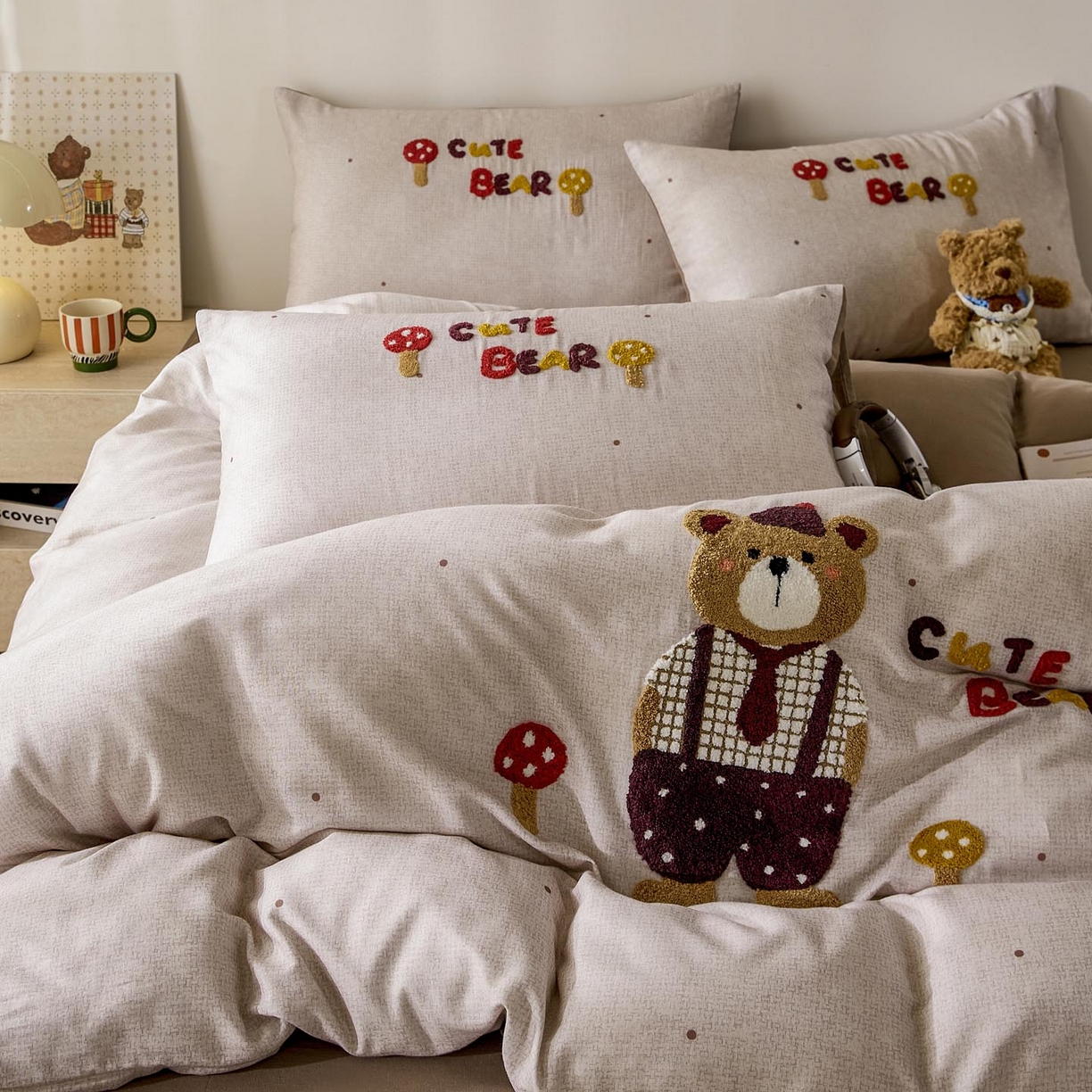 91家纺网 家纺一手货源 找家纺 帅露家纺 2026新款A类全棉纯棉双层纱毛巾绣四件套 酷酷熊