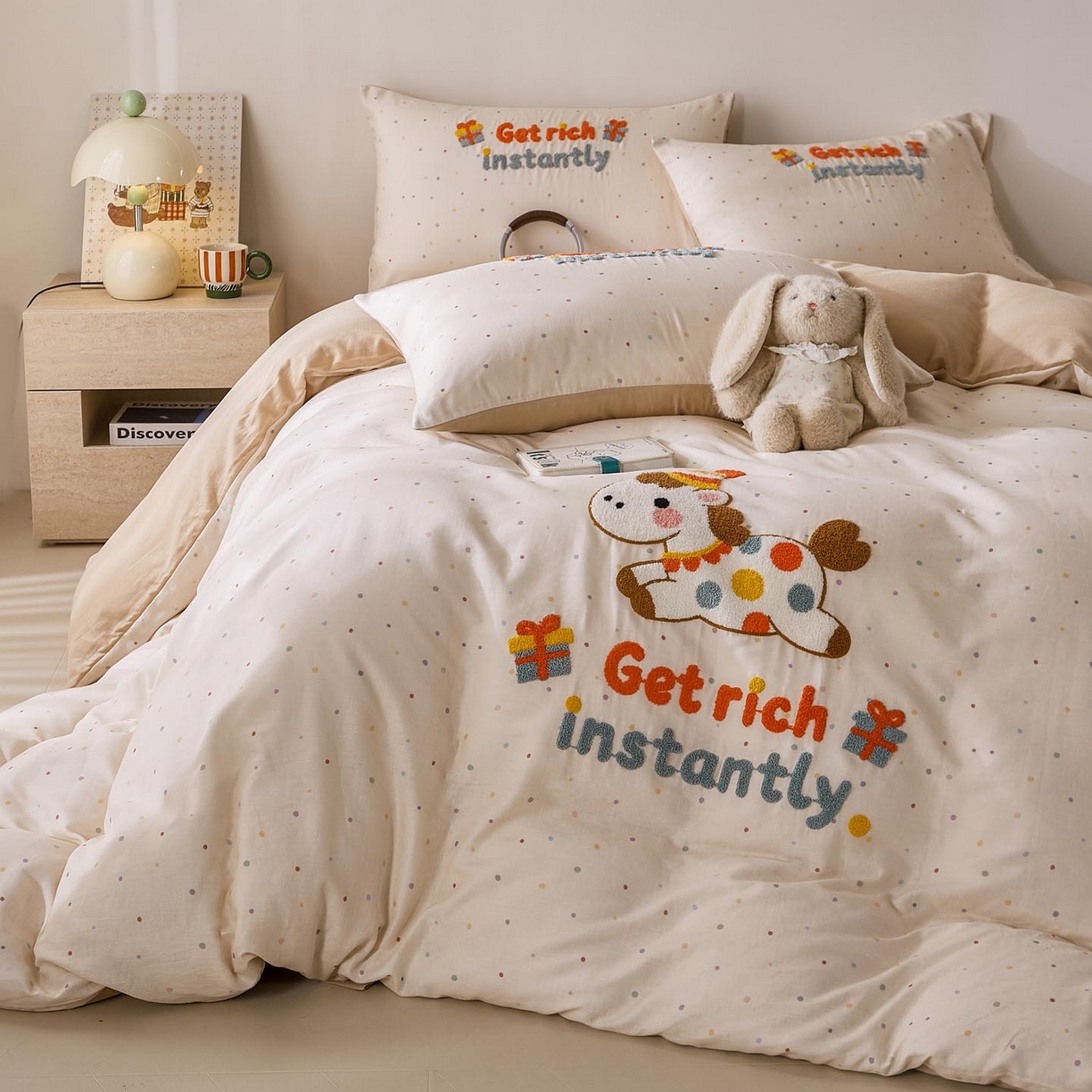 91家纺网 家纺一手货源 找家纺 帅露家纺 2026新款A类全棉纯棉双层纱毛巾绣四件套 马上暴富