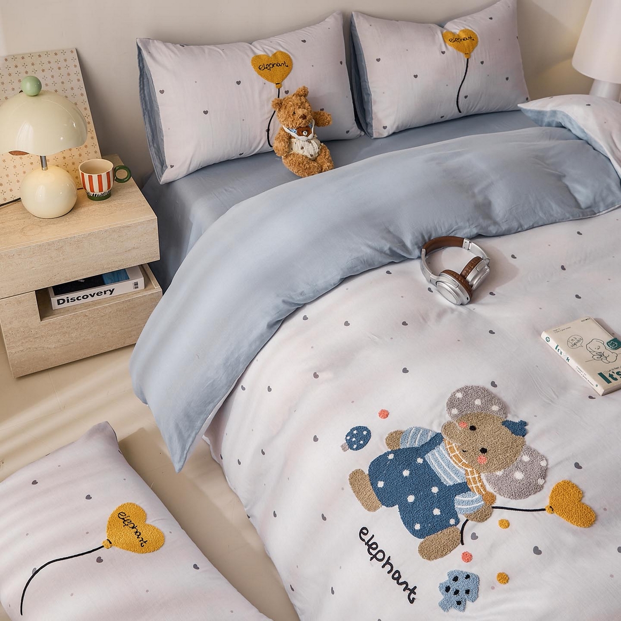 91家纺网 家纺一手货源 找家纺 帅露家纺 2026新款A类全棉纯棉双层纱毛巾绣四件套 气球小象