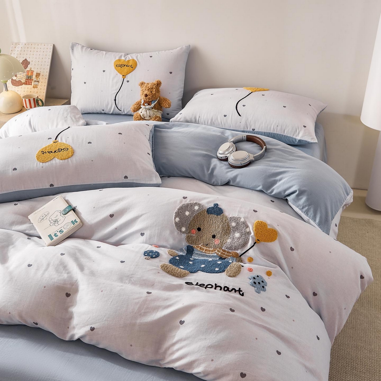 91家纺网 家纺一手货源 找家纺 帅露家纺 2026新款A类全棉纯棉双层纱毛巾绣四件套 气球小象