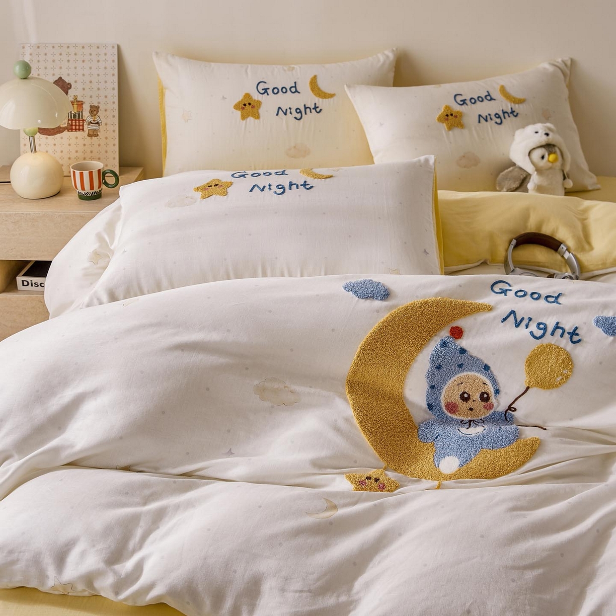 91家纺网 家纺一手货源 找家纺 帅露家纺 2026新款A类全棉纯棉双层纱毛巾绣四件套 星月宝贝