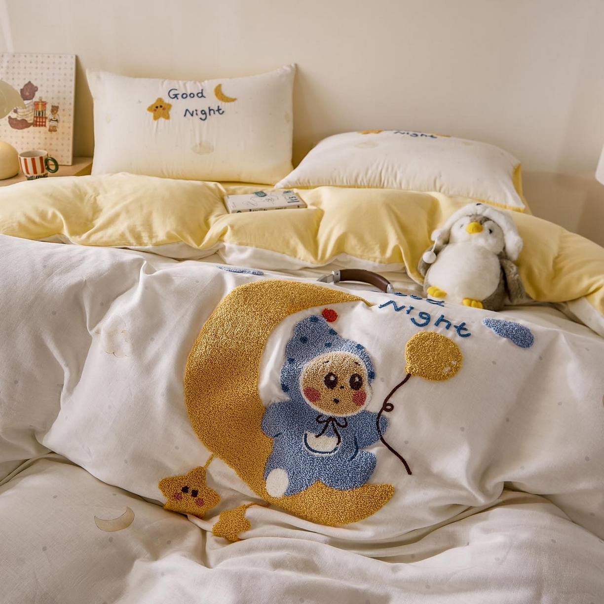 91家纺网 家纺一手货源 找家纺 帅露家纺 2026新款A类全棉纯棉双层纱毛巾绣四件套 星月宝贝