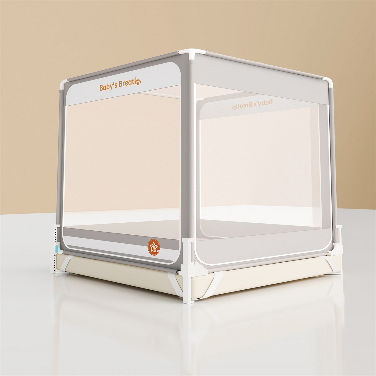 91家纺网 家纺一手货源 找家纺 佳梦家纺 2026春夏新款护栏级防摔坐床蚊帐Baby系列 baby星灰色-三门全底款