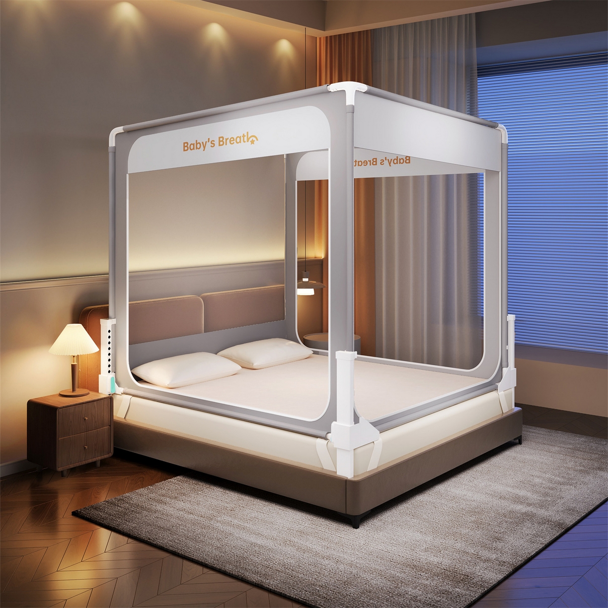 91家纺网 家纺一手货源 找家纺 佳梦家纺 2026春夏新款护栏级防摔坐床蚊帐Baby系列 baby星灰色-三门全底款