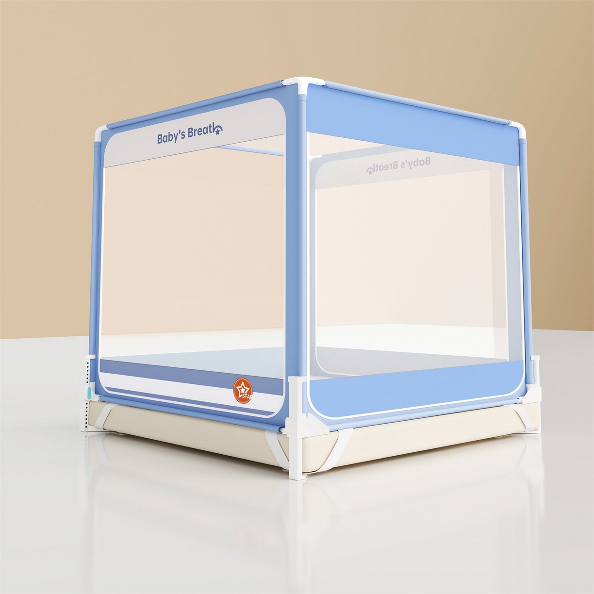 91家纺网 家纺一手货源 找家纺 佳梦家纺 2026春夏新款护栏级防摔坐床蚊帐Baby系列 bbay星蓝-三门全底款