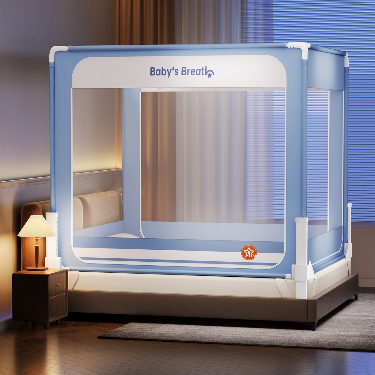 91家纺网 家纺一手货源 找家纺 佳梦家纺 2026春夏新款护栏级防摔坐床蚊帐Baby系列 bbay星蓝-三门全底款