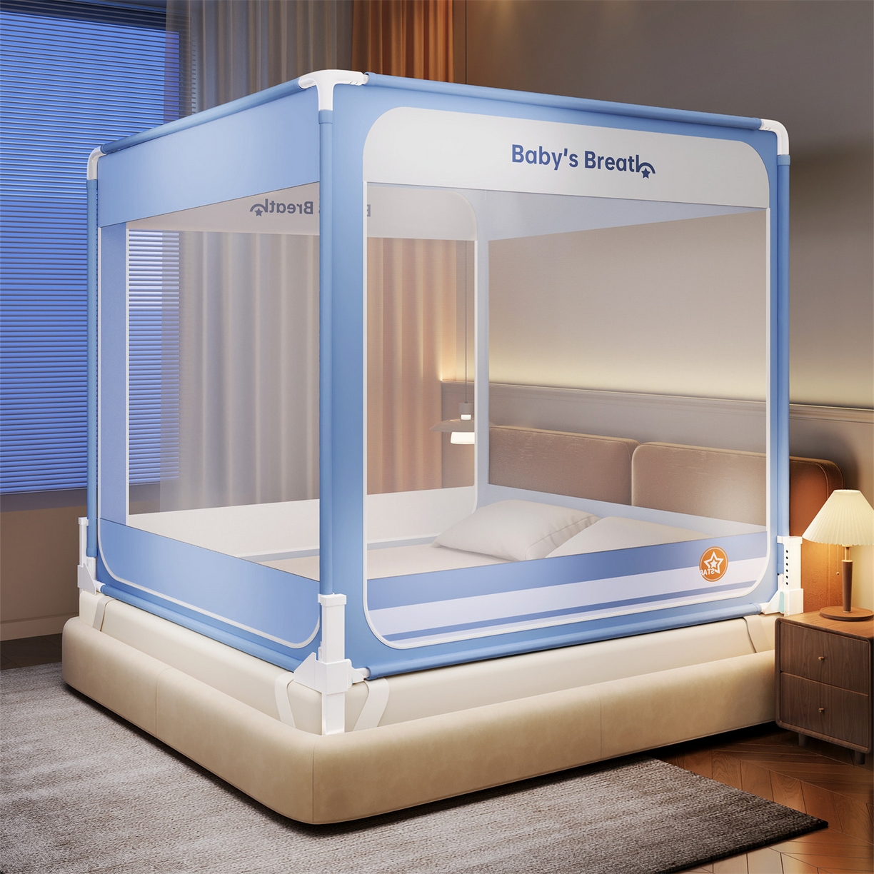 91家纺网 家纺一手货源 找家纺 佳梦家纺 2026春夏新款护栏级防摔坐床蚊帐Baby系列 bbay星蓝-三门全底款