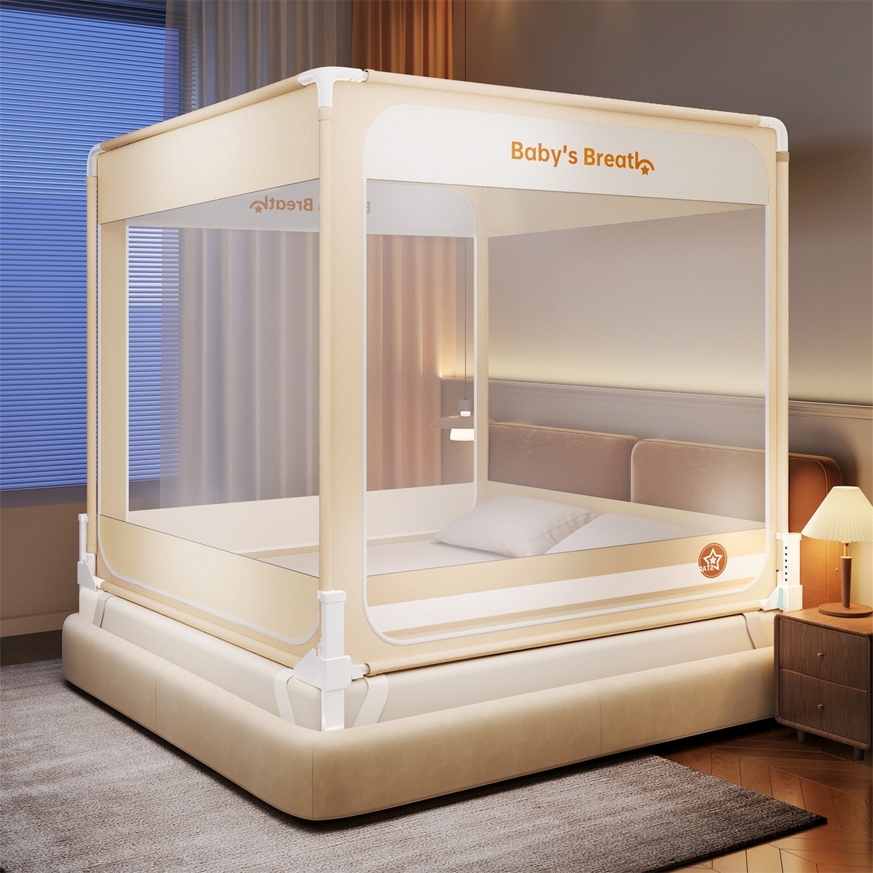 91家纺网 家纺一手货源 找家纺 佳梦家纺 2026春夏新款护栏级防摔坐床蚊帐Baby系列 baby星黄-三门床笠款