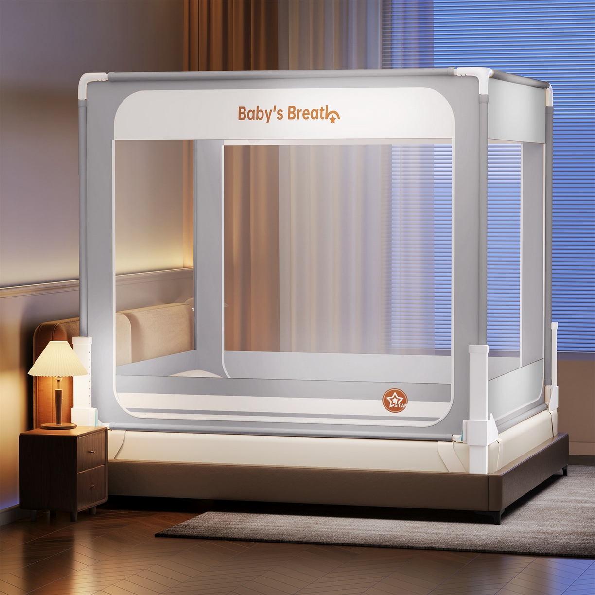 91家纺网 家纺一手货源 找家纺 佳梦家纺 2026春夏新款护栏级防摔坐床蚊帐Baby系列 baby星灰色-三门床笠款