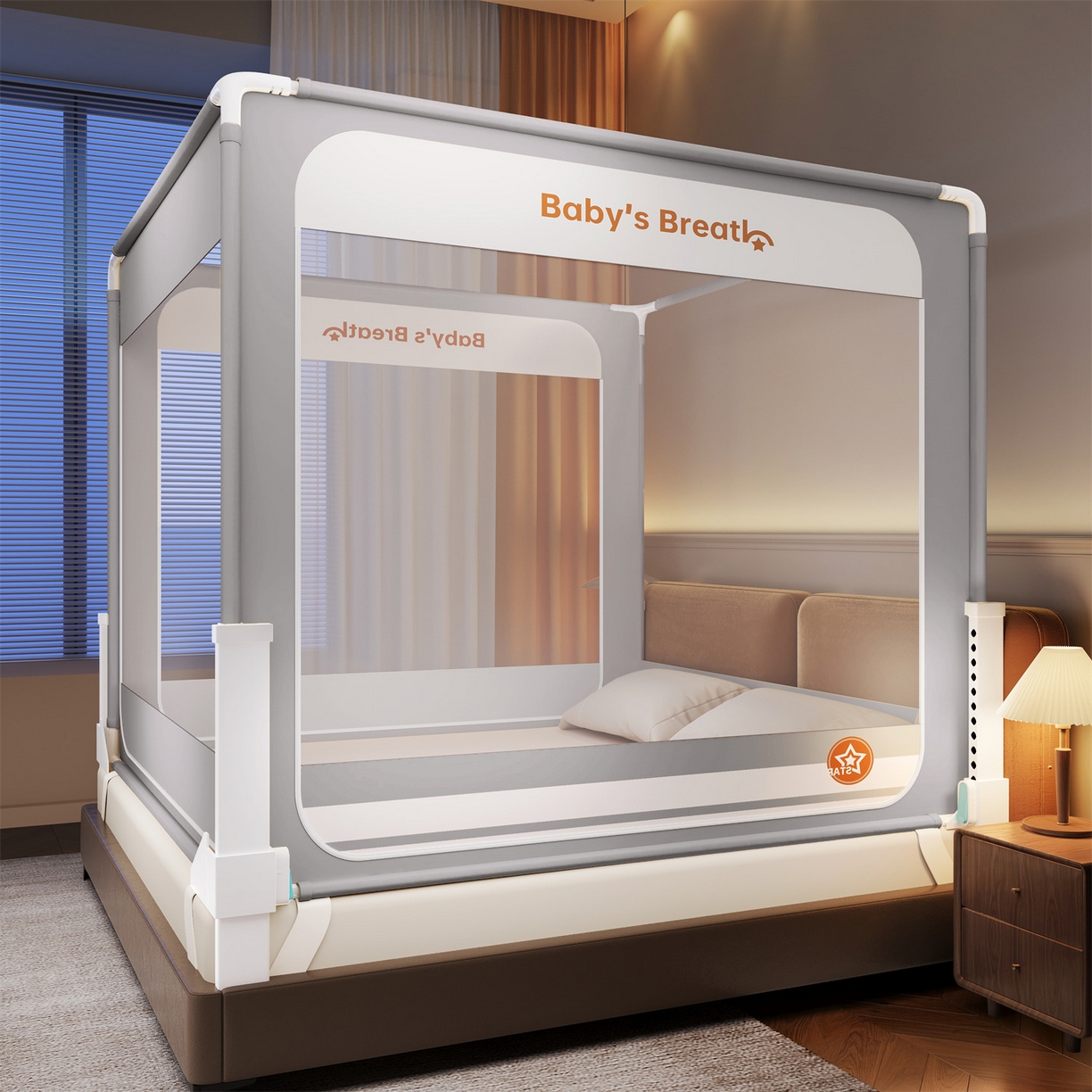 91家纺网 家纺一手货源 找家纺 佳梦家纺 2026春夏新款护栏级防摔坐床蚊帐Baby系列 baby星灰色-三门床笠款