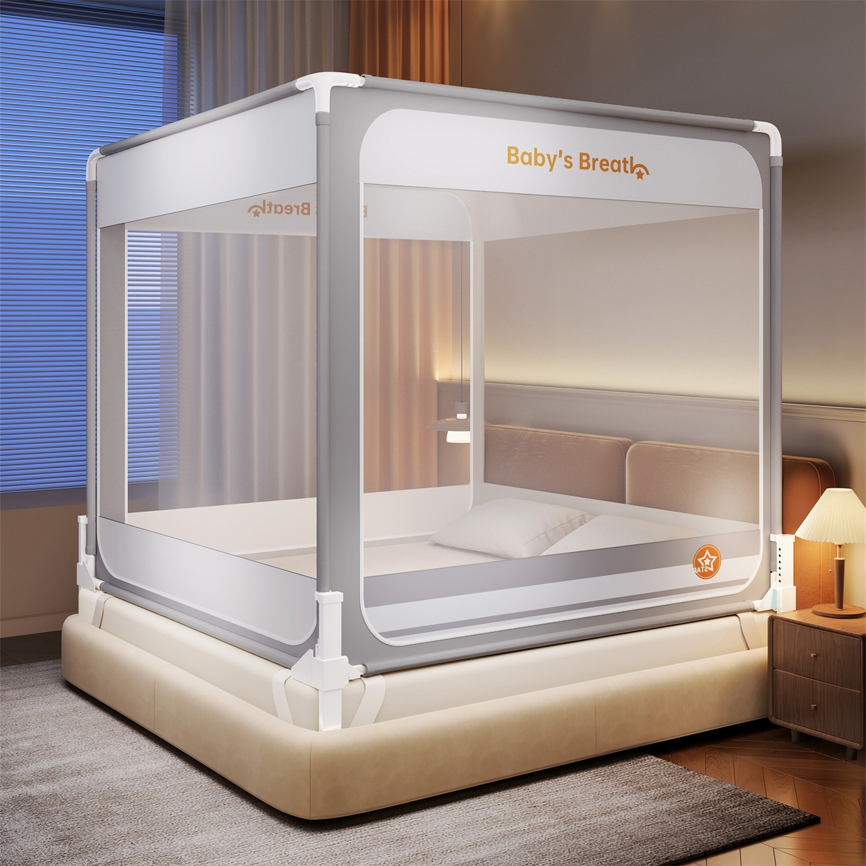 91家纺网 家纺一手货源 找家纺 佳梦家纺 2026春夏新款护栏级防摔坐床蚊帐Baby系列 baby星灰色-三门床笠款