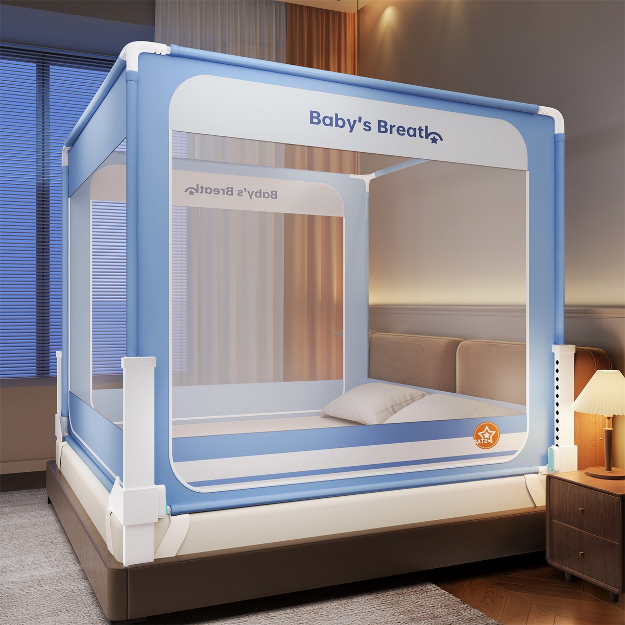 91家纺网 家纺一手货源 找家纺 佳梦家纺 2026春夏新款护栏级防摔坐床蚊帐Baby系列 bbay星蓝-三门床笠款