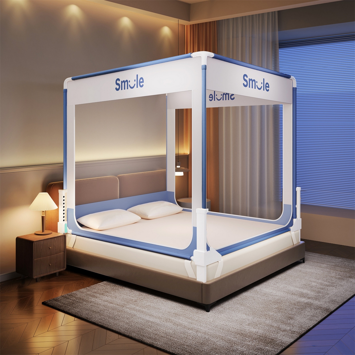 91家纺网 家纺一手货源 找家纺 （总）佳梦家纺 2026春夏新款护栏级防摔坐床蚊帐smile系列