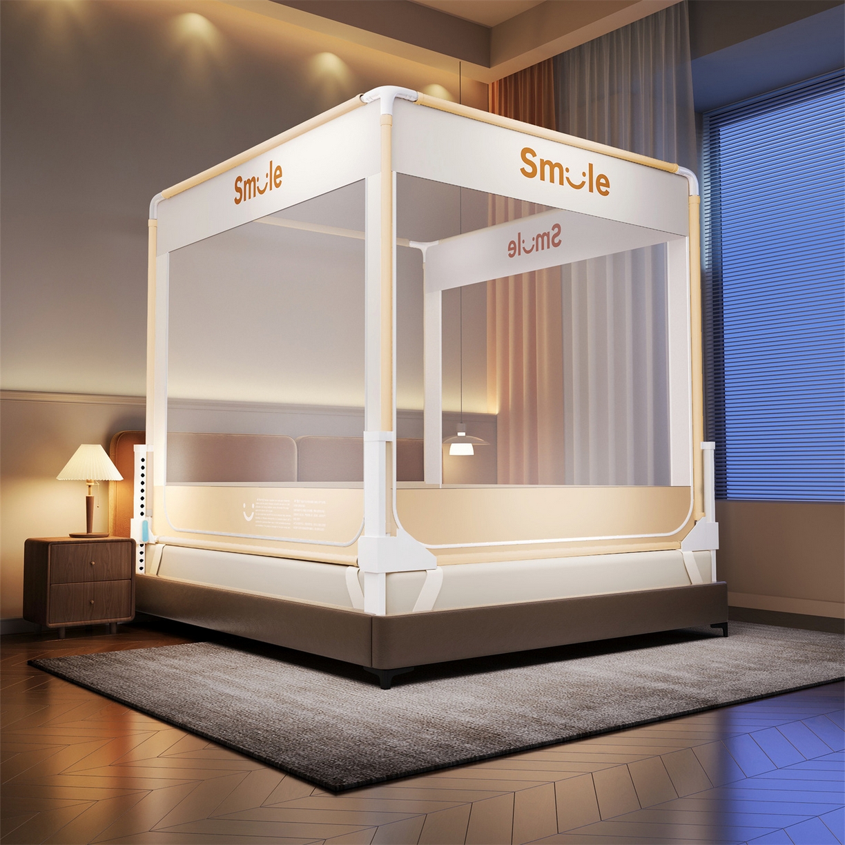 佳梦家纺 2026春夏新款护栏级防摔坐床蚊帐smile系列 smile黄-三门全底款
